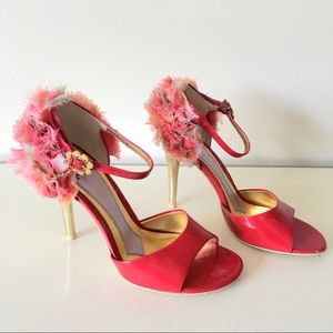 Hale Bob Red Leather Fabric Flotal Ruffles Sandals